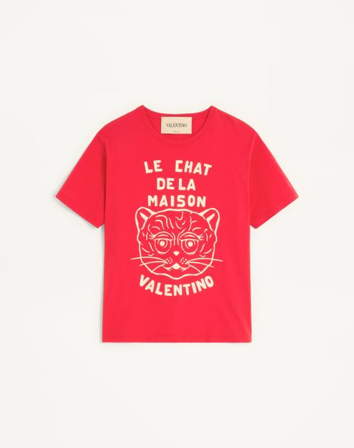 Valentino - Cotton T-shirt With Le Chat De La Maison Print - Red/butter - Man - T-shirts And Sweatshirts